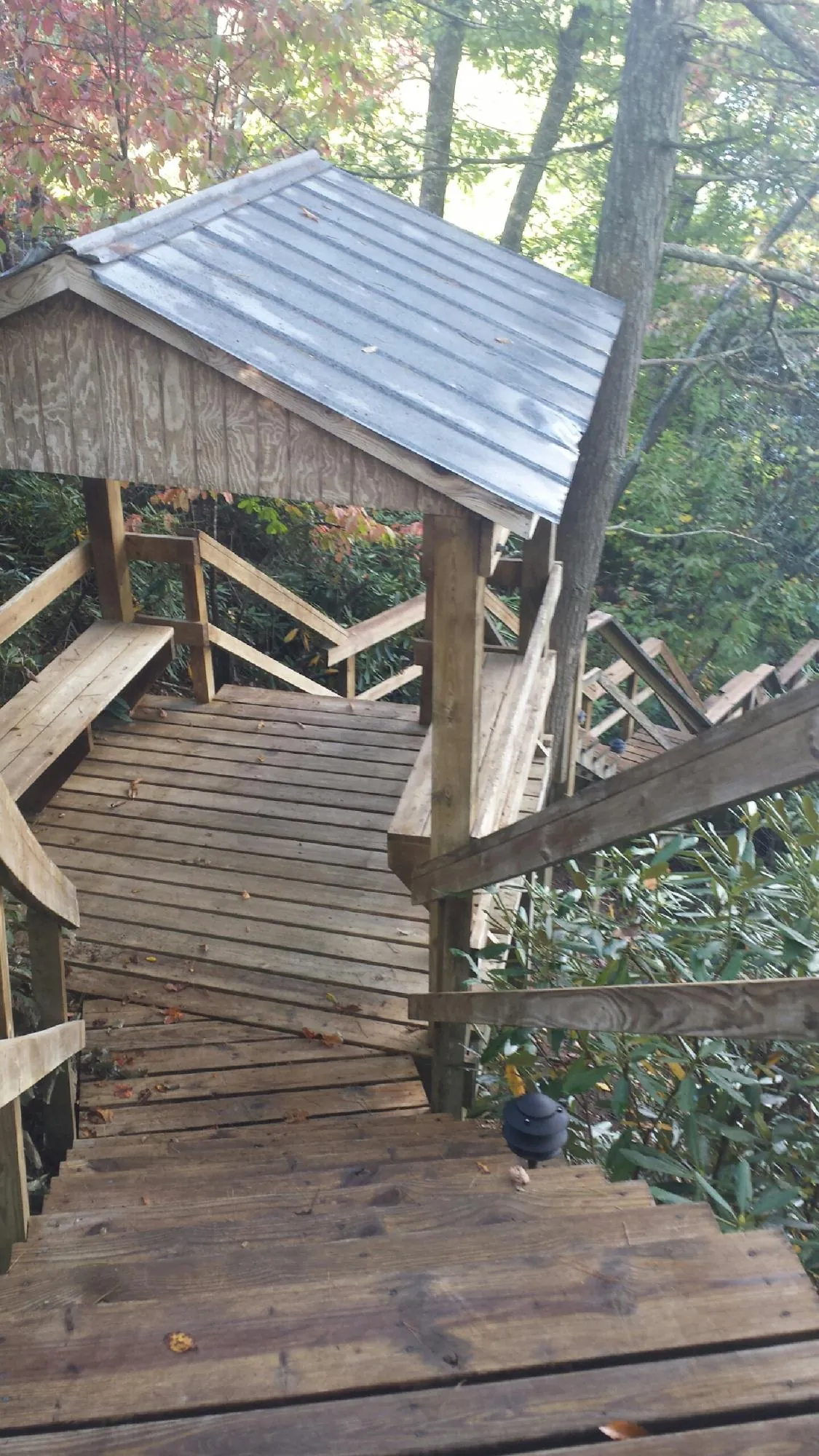 Metal roofed shelter over wooden steps on a wooded walkway — Skylight Repair & Installation work by our crew in Cottage Grove